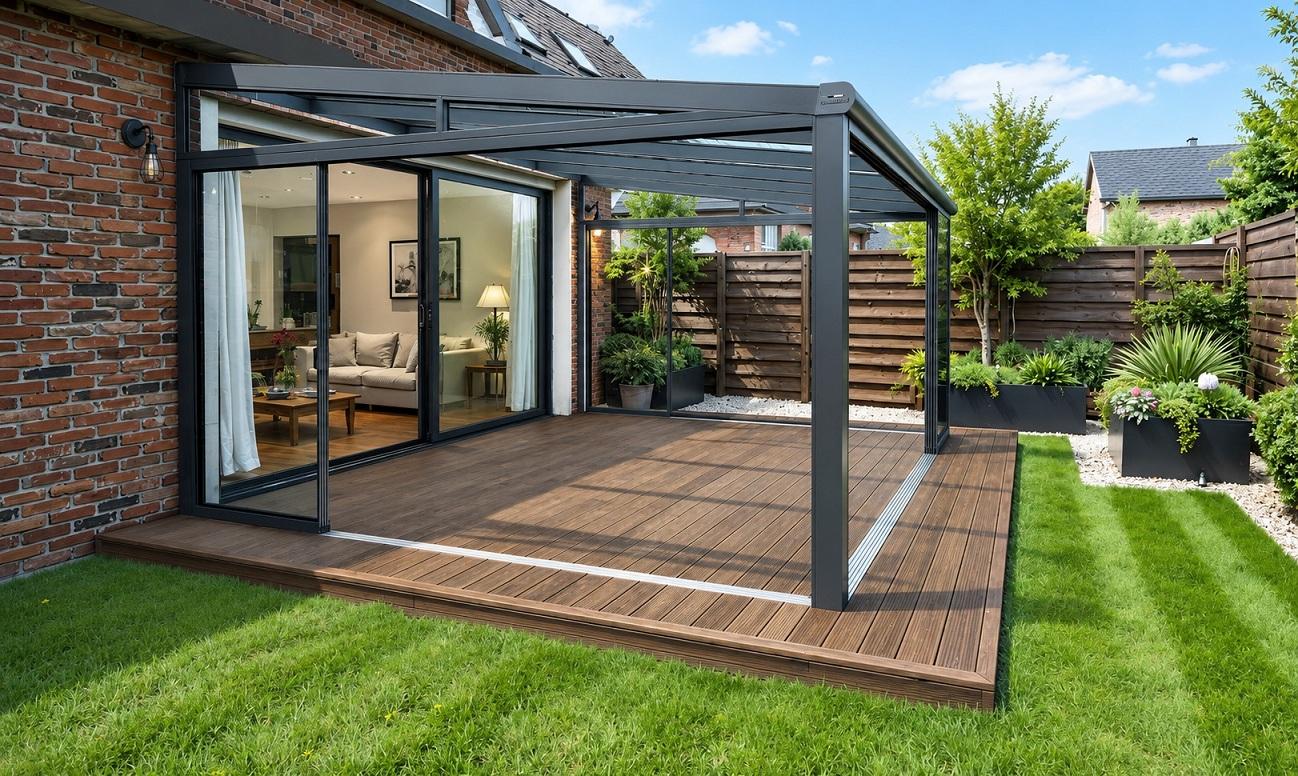 Bamboe vlonder als verhoogd tuinterras met loungeset en parasol