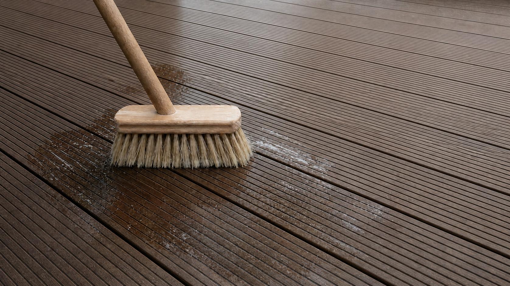 Bamboe vlonder schoonmaken met een borstel