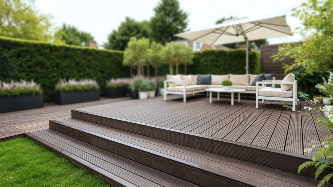 Verhoogde bamboe vlonder met loungeset in de tuin Verhoogde bamboe vlonder met loungeset in de tuin
