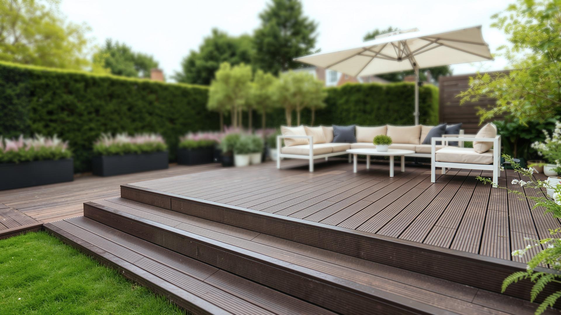 Bamboe vlonderplanken verhoogd in tuin met loungeset