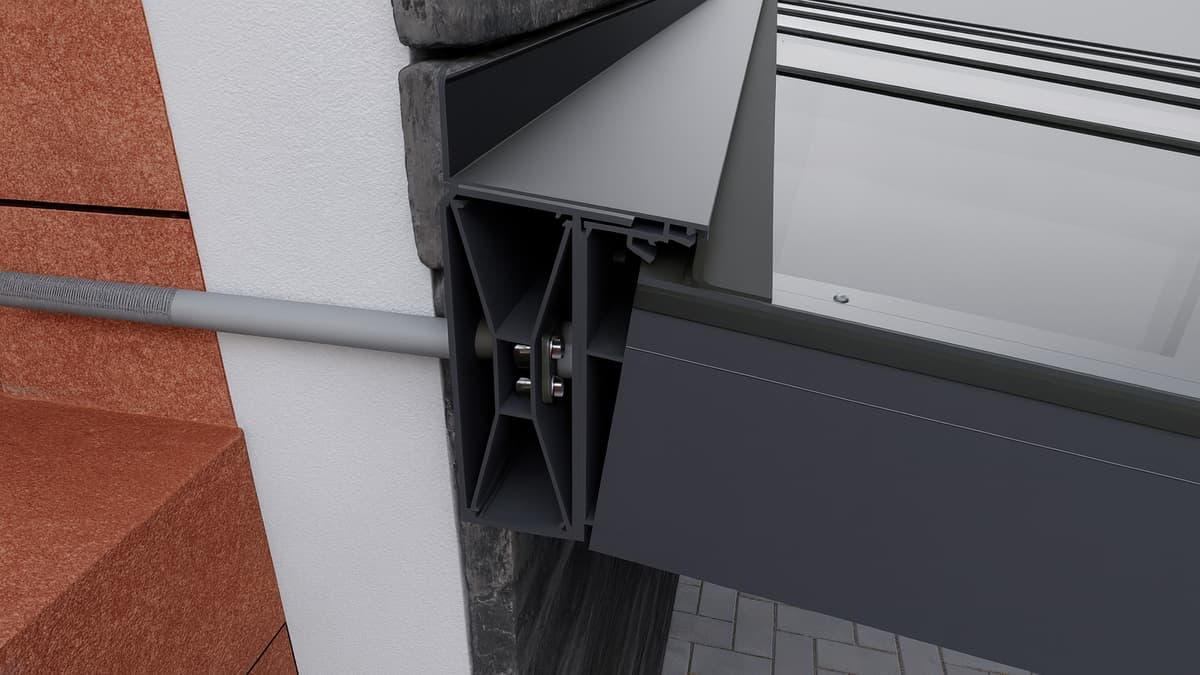 Slimme constructie Detailweergave van het Gumax® gevelisolatie-montagesysteem met stevige muurmontage achter isolatie.