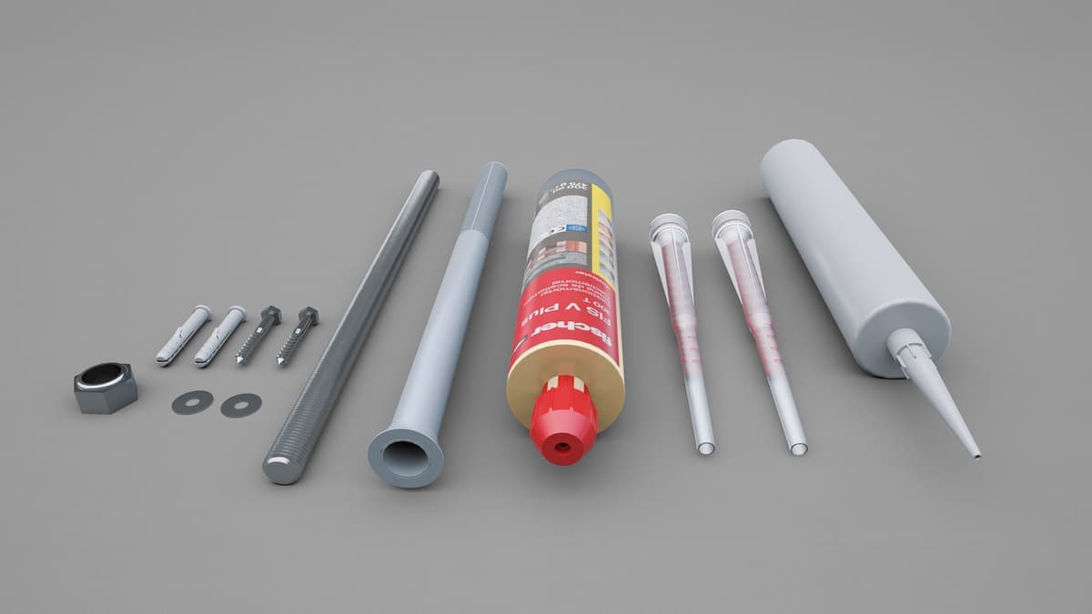 Montagematerialen van het Gumax® gevelisolatie-montagesysteem met bouten, hars en ankerstangen.