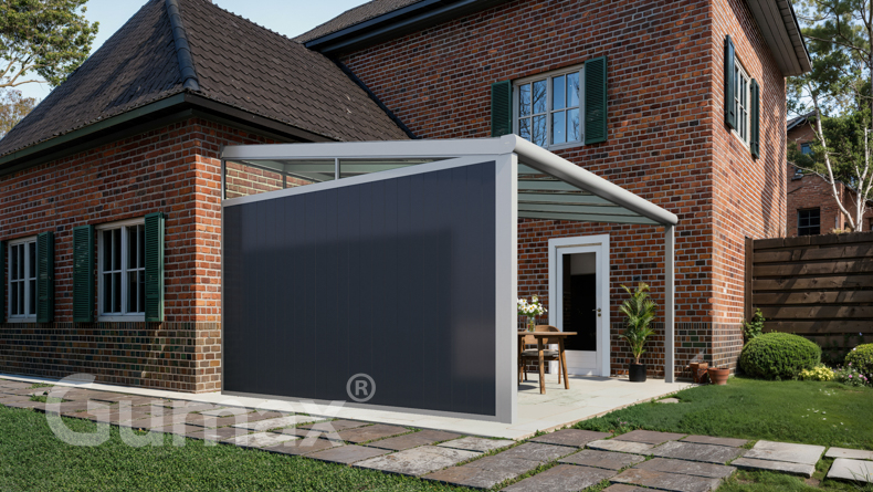 Aluminium Zijwand met antraciete panelen + glazen spie