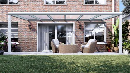 Moderne terrasoverkapping in mat wit van 6,06 x 3 meter met heldere polycarbonaat - Tuinmaximaal