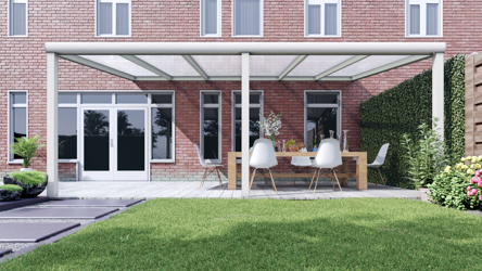 Moderne terrasoverkapping in mat wit van 6,06 x 3,5 meter met heldere polycarbonaat - Tuinmaximaal