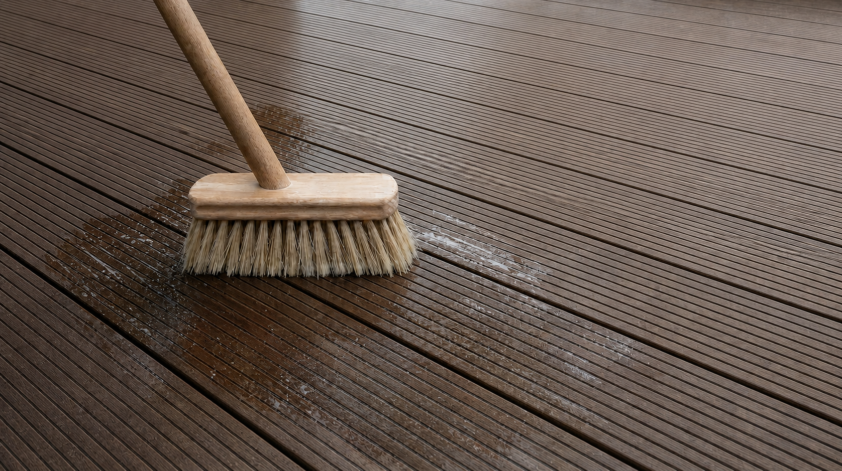 Bamboe vlonder schoonmaken met een borstel